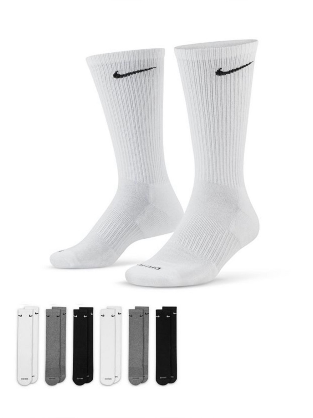 Nike Multi Color 6 Pair Pack Athletic Crew Socks- White, Gray, Black New